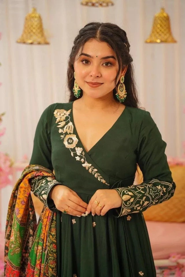 Heavy Pure Chinon Silk With Embroidery Work FullSleeves Gown Bottom Dupatta