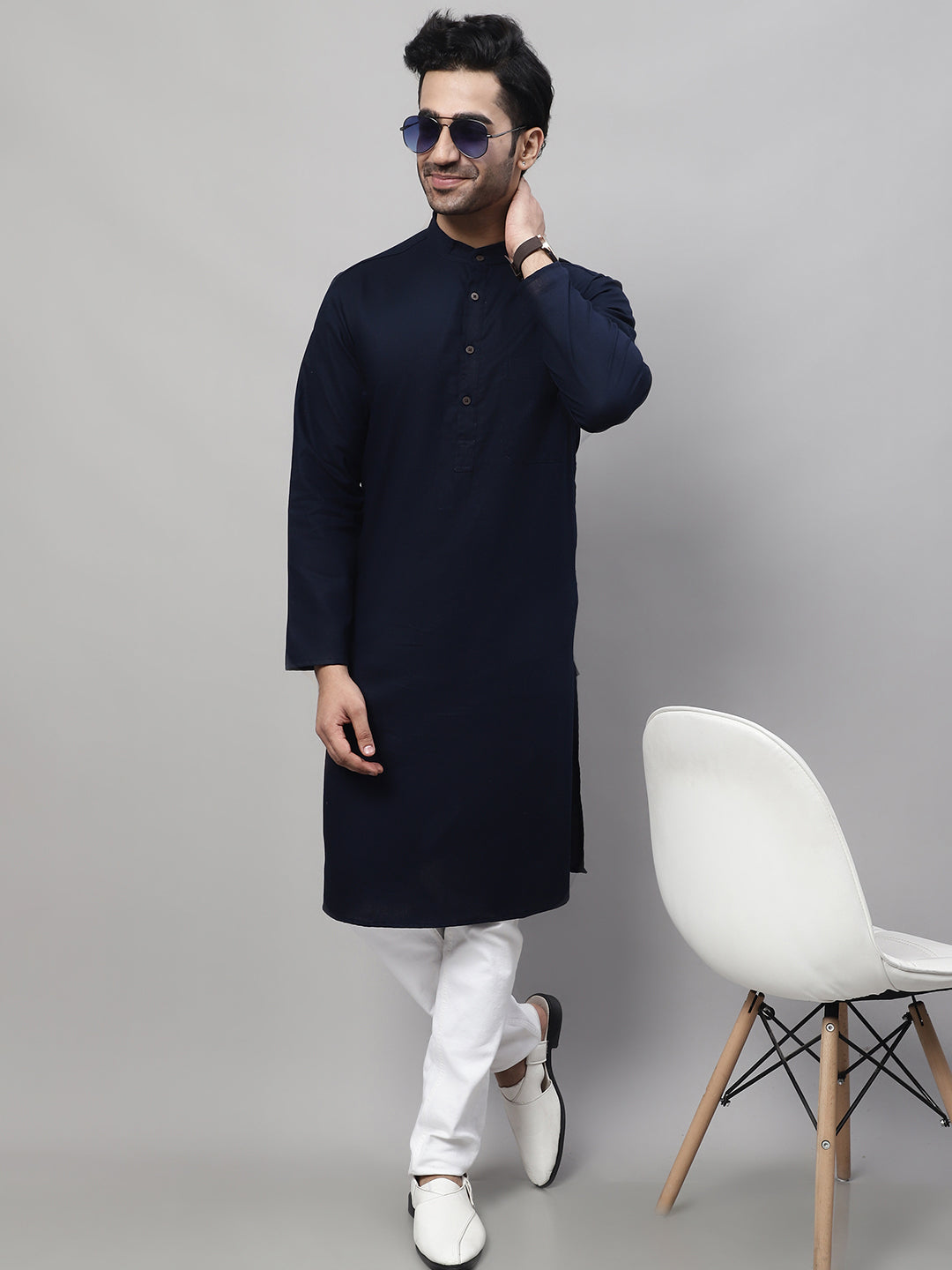 Even Apparels Blue Pure Cotton Kurta With Band Collar