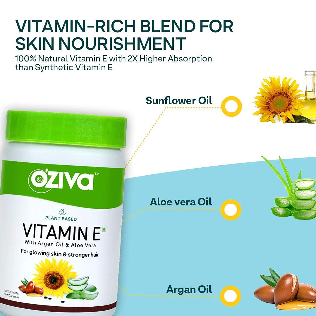 OZiva Plant Based Natural Vitamin E (With Argan oil + Aloe vera) - 30 Veg Capsules