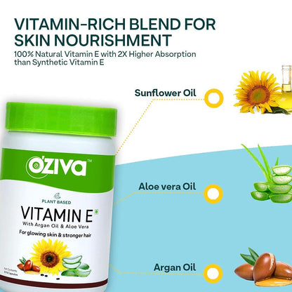 OZiva Plant Based Natural Vitamin E (With Argan oil + Aloe vera) - 30 Veg Capsules