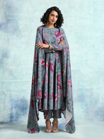 trueBrowns Grey Printed Velvet Shawl