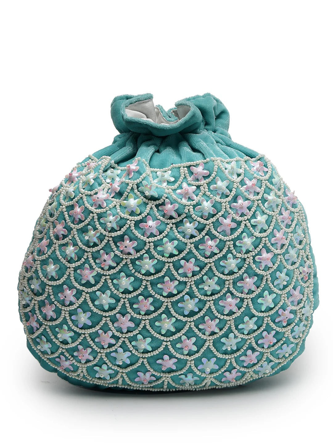 Dangle Fish Scale Embellished Velvet Potli Bag