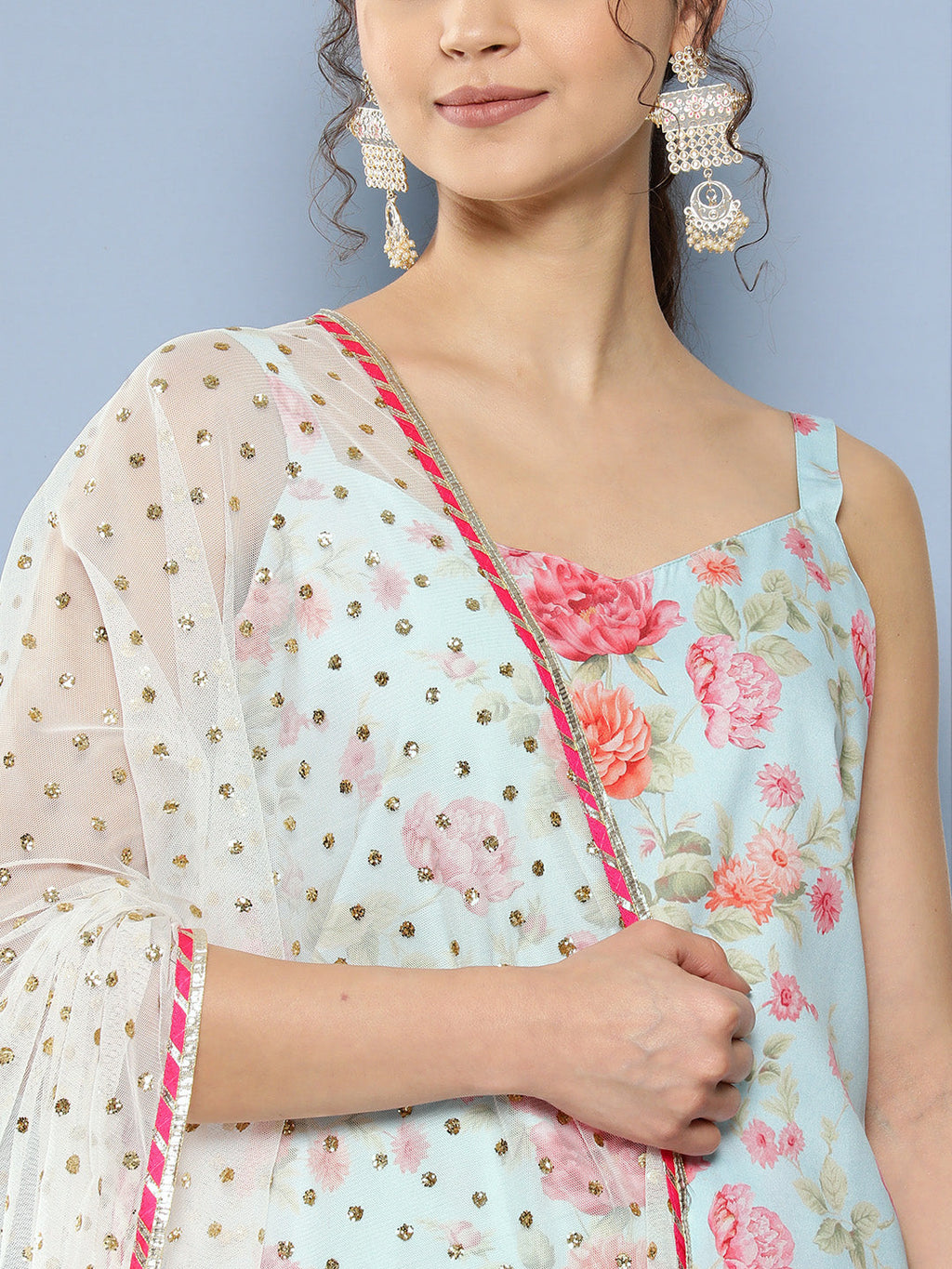 Ahalyaa Women Floral Printed Gotta Patti Kurti With Dhoti Pants & With Dupatta