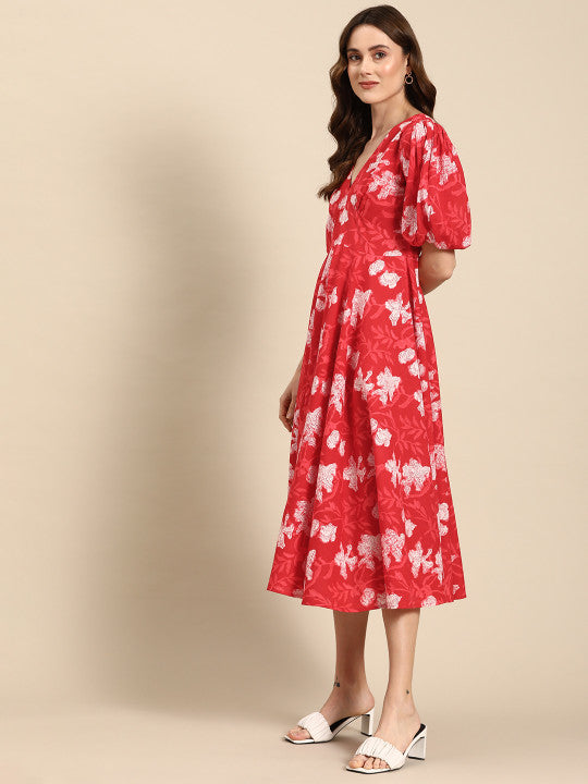 Anayna Floral Print Puff Sleeves Pure Cotton A-Line Midi Dress