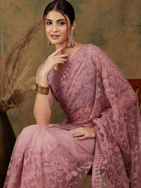 Sangria Floral Embroidered Net Saree