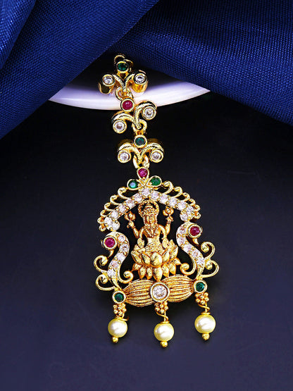 Yellow Chimes Women Gold-Polished White & Red Ad Studded Handcrafted Maang Tikka