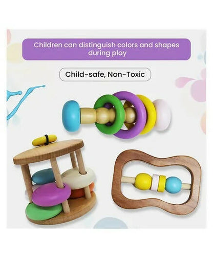 Matoyi Colorful Wooden Rattles For Babies - Set of 3