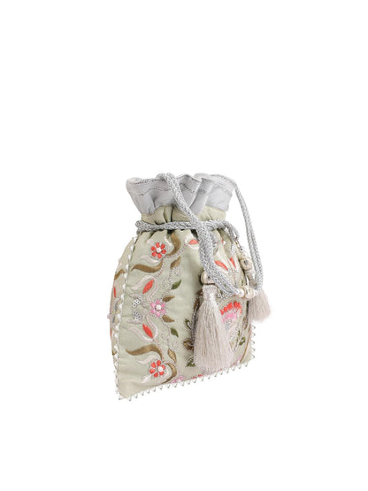Masq Green & Pink Embellished Embroidered Potli Clutch