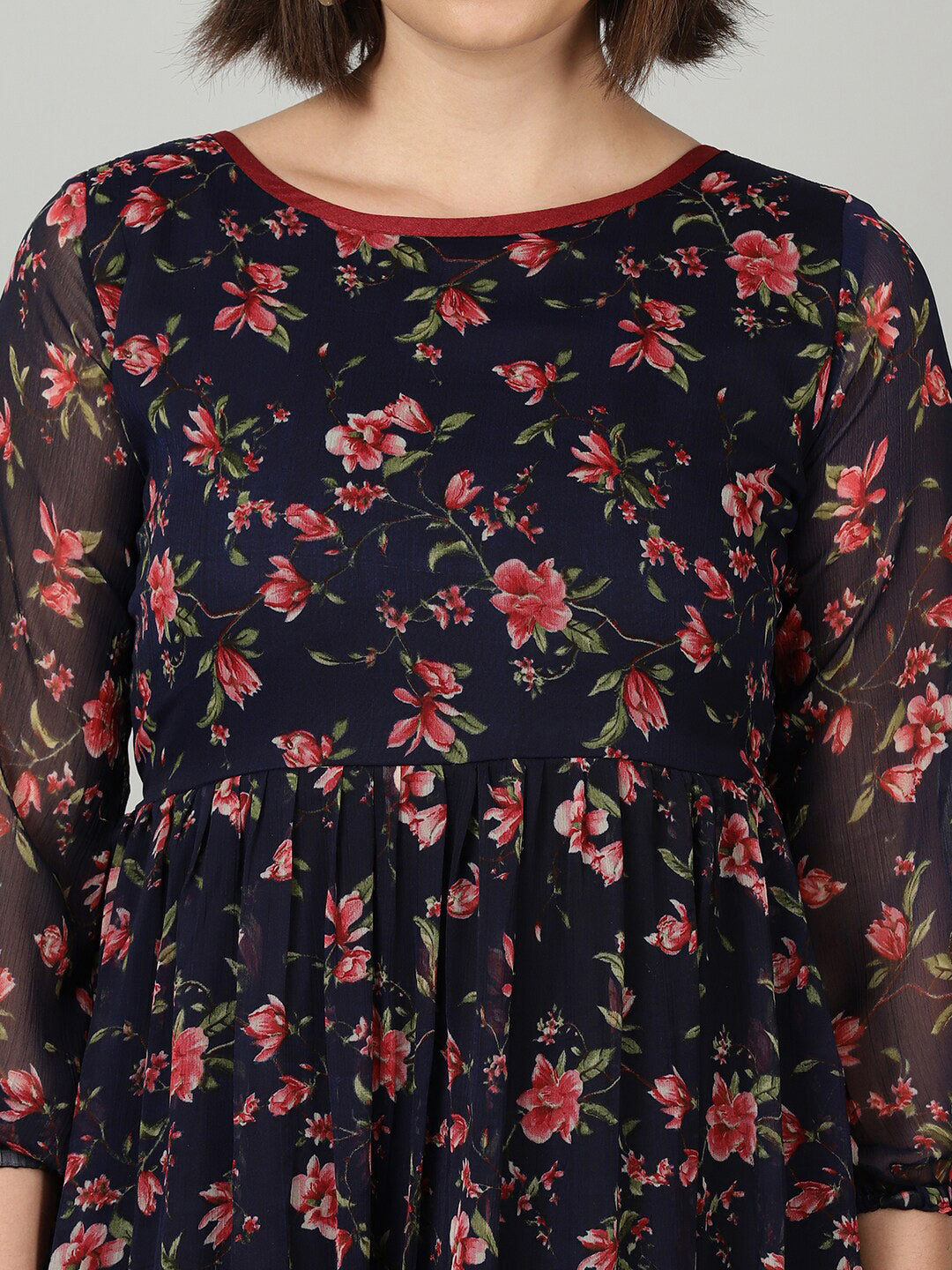 Souchii Women Navy Blue & Red Floral Chiffon A-Line Tiered Dress