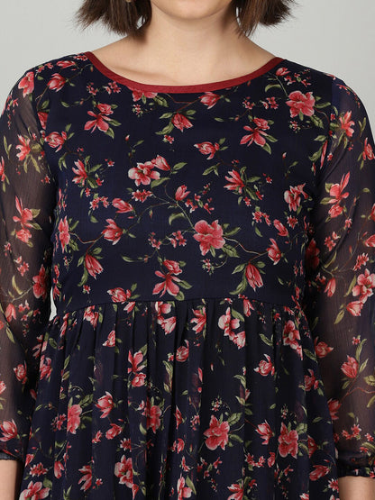 Souchii Women Navy Blue & Red Floral Chiffon A-Line Tiered Dress