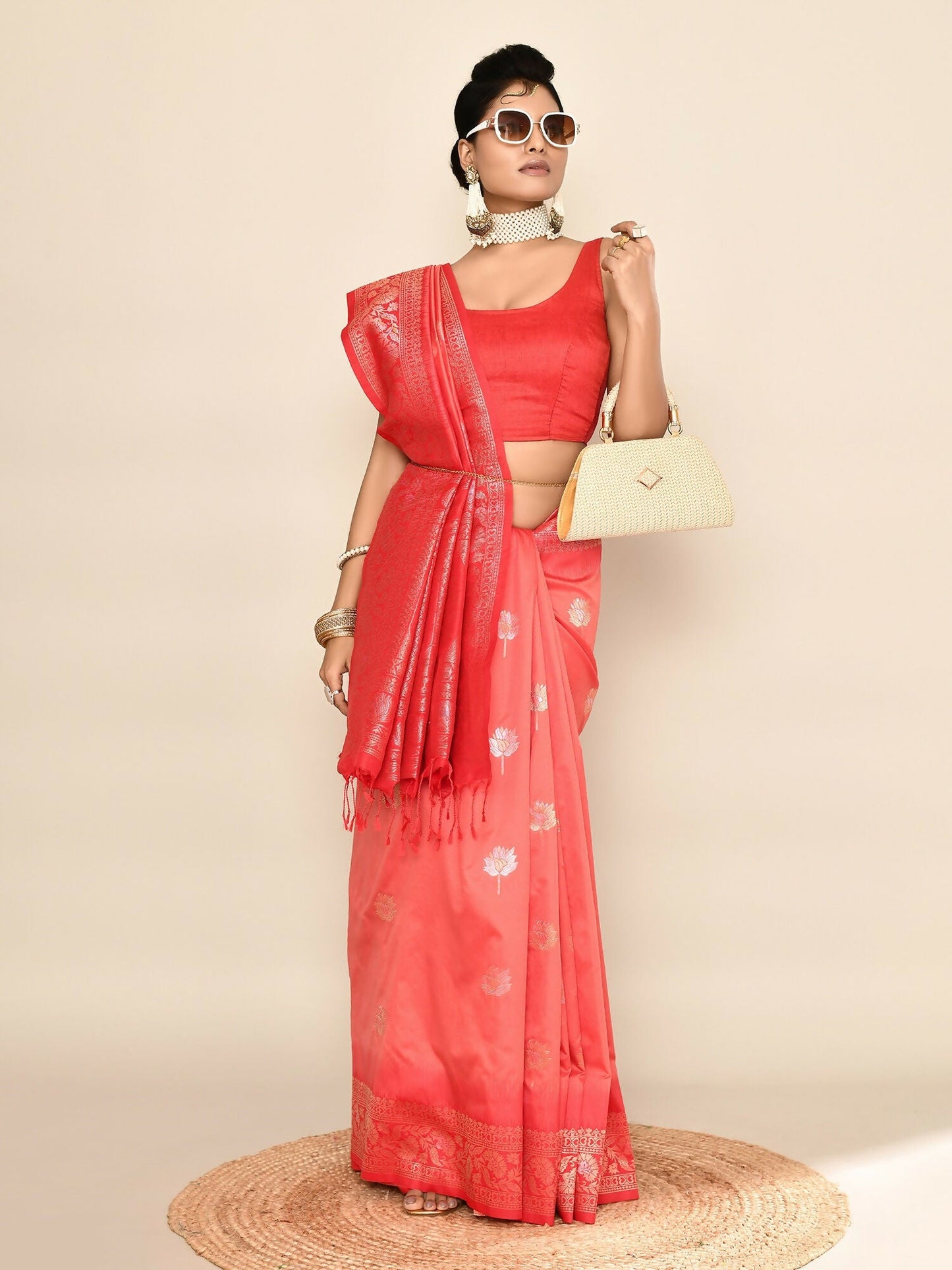 Joban Fashion Peach & Red Plain With Weaving Border Banarasi Silk Sarees
