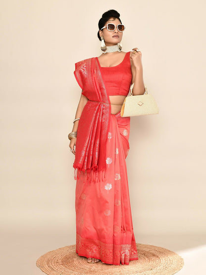Joban Fashion Peach & Red Plain With Weaving Border Banarasi Silk Sarees