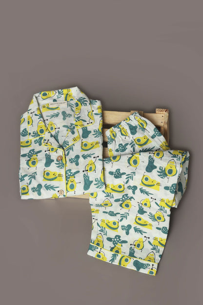 Breathables Kids Cotton Night Suit – White Avocado Print Shirt & Pyjama Co-Ord Set For Boys & Girls