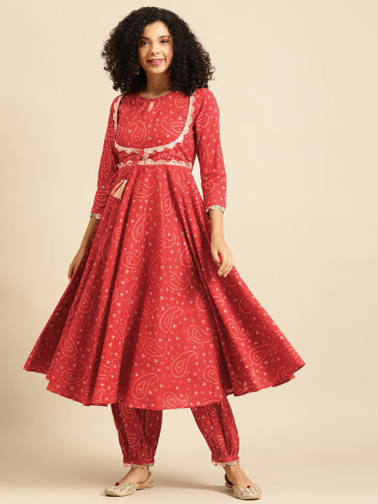 Anayna Women Maroon & Beige Bandhani Printed Kurta with Salwar