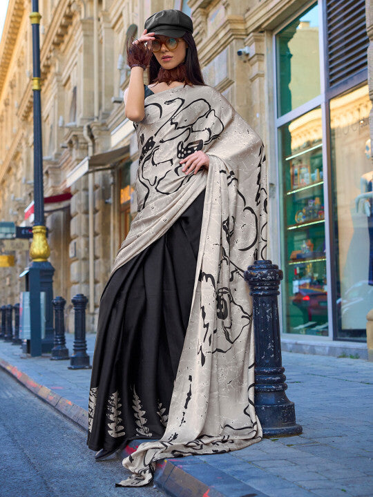 Sangria Abstract Printed Satin Saree