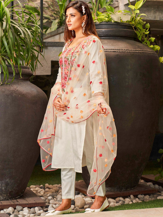 Tikhi Imli Floral Embroidered Cotton Blend Kurta with Trousers & Dupatta
