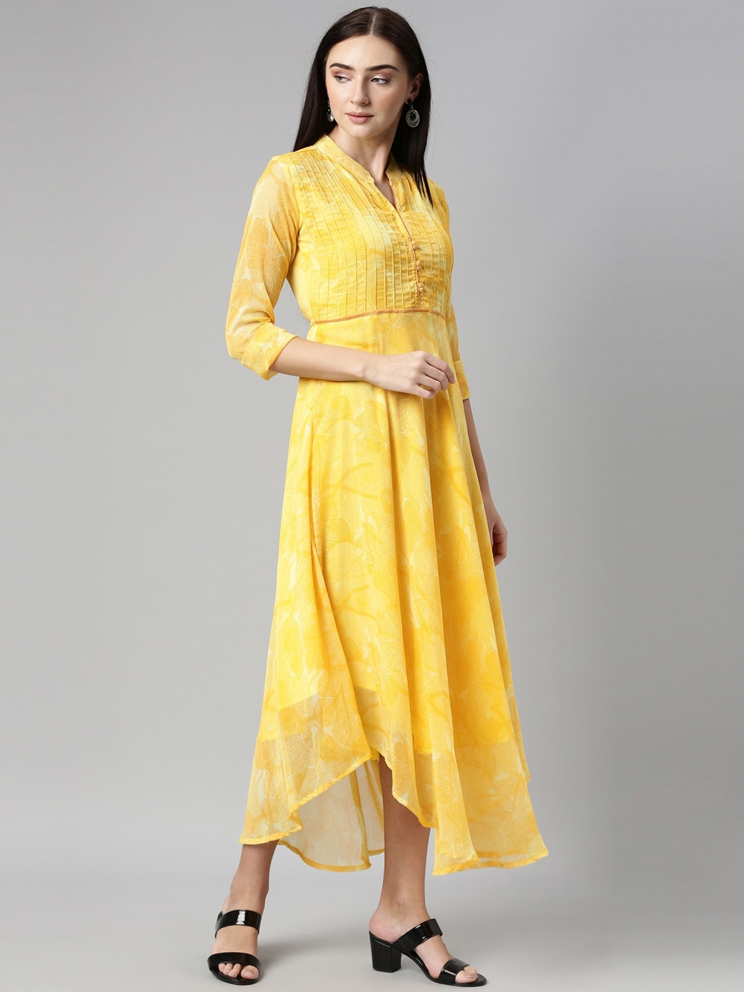 Souchii Yellow Floral Chiffon Midi Dress