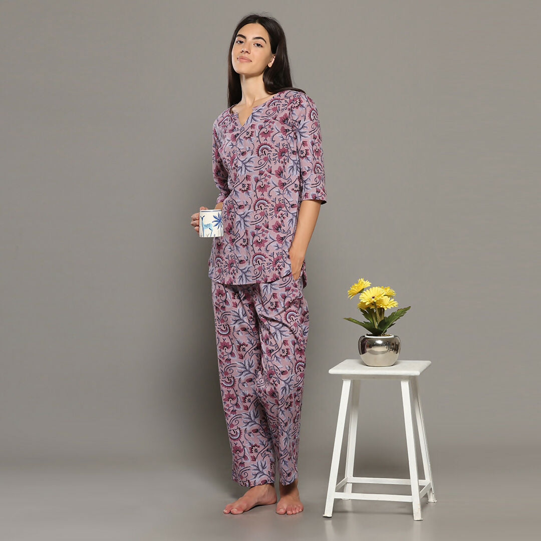 Breathables Women Cotton Printed Loungewear Kurta And Pants Co-Ord Set Pink I Night Wear | Floral Print