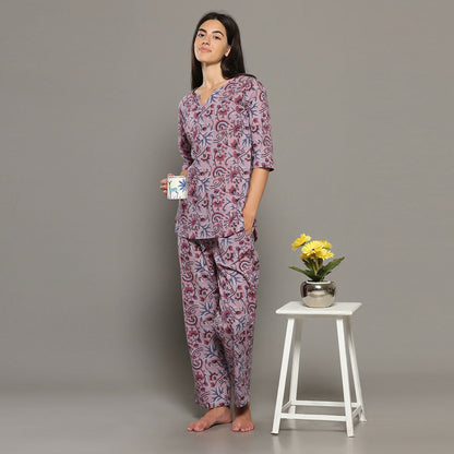 Breathables Women Cotton Printed Loungewear Kurta And Pants Co-Ord Set Pink I Night Wear | Floral Print