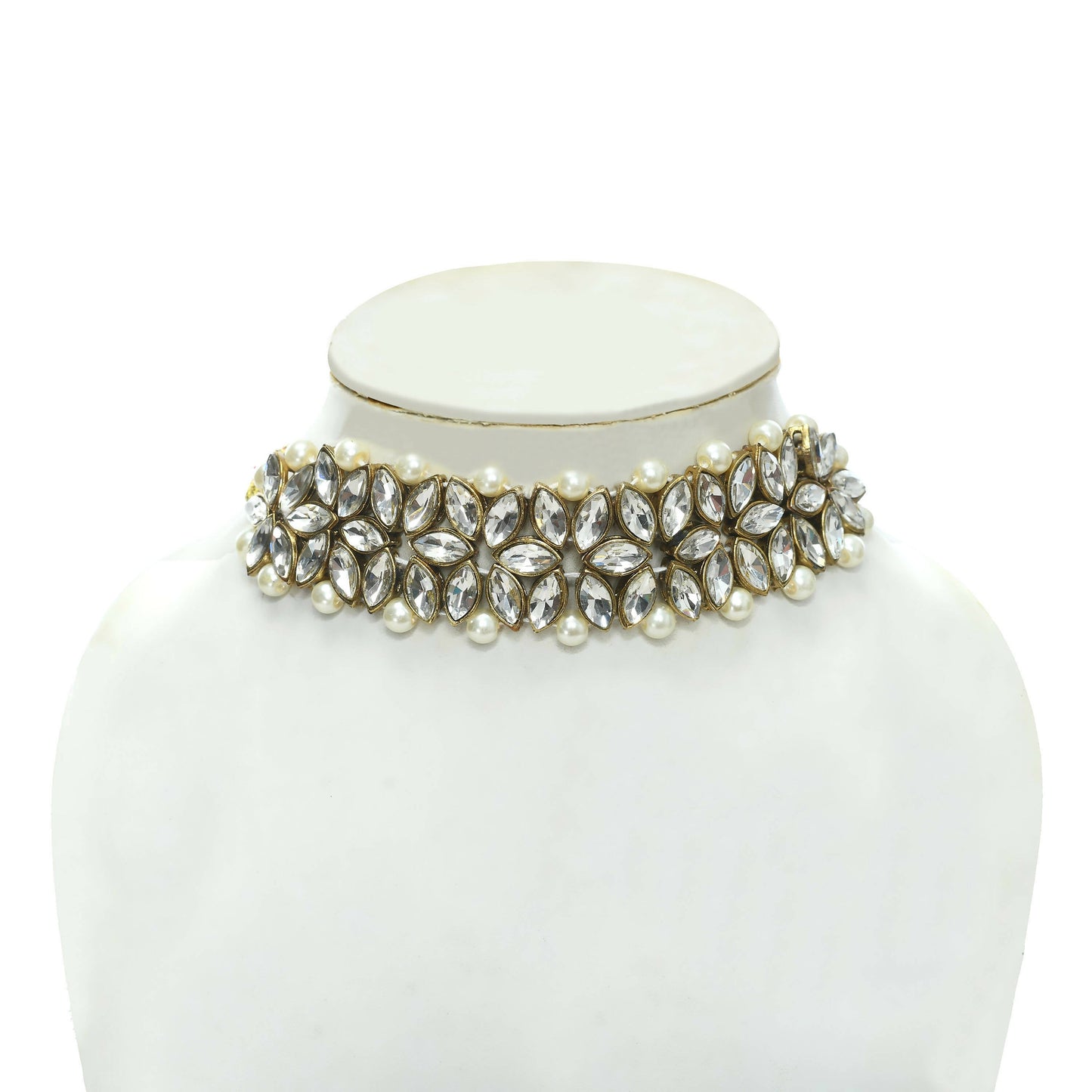 Mominos Fashion Johar Kamal Gold-Polished Rani Haar with White and Off white Pearls Jewellery Set