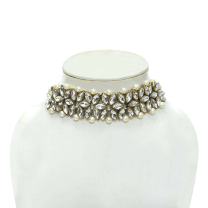 Mominos Fashion Johar Kamal Gold-Polished Rani Haar with White and Off white Pearls Jewellery Set