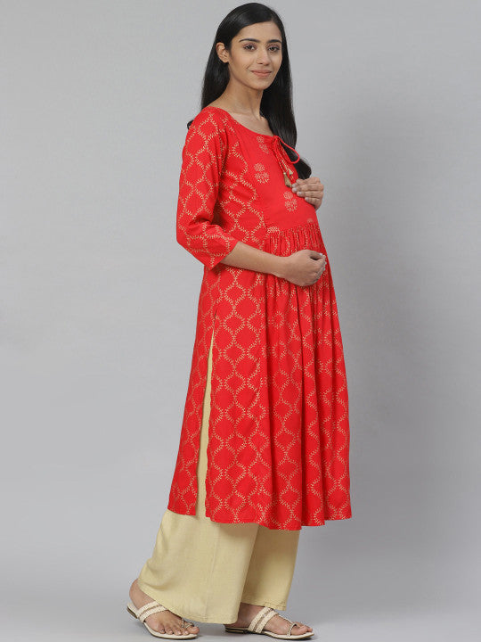 Anayna Women Red & Golden Printed Feeding Maternity A-Line Kurta
