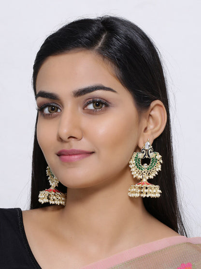 Shoshaa Gold-Polished Green Enamelled Peacock Shaped Jhumkas