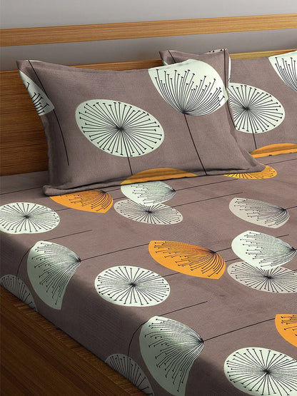 KLOTTHE Brown & Yellow Floral 210 TC Cotton Bedsheet with Pillow Cover