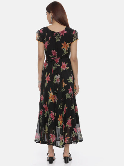Souchii Round Neck Floral Printed Chiffon Maxi Dress