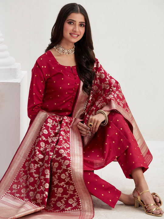Sangria Maroon Geometric Printed Straight Kurta With Trousers And Dupatta