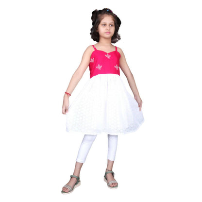 Akarshan Pure Cotton Frock Style Kurti With Leggings Set - Pink And White