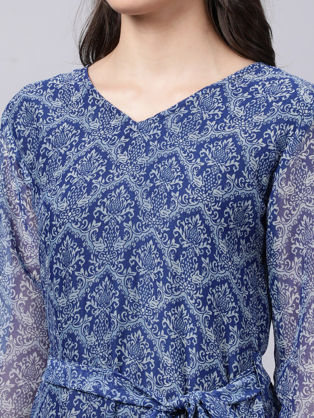 Souchii Blue Ethnic Motifs Printed Chiffon Maxi Tiered Dress