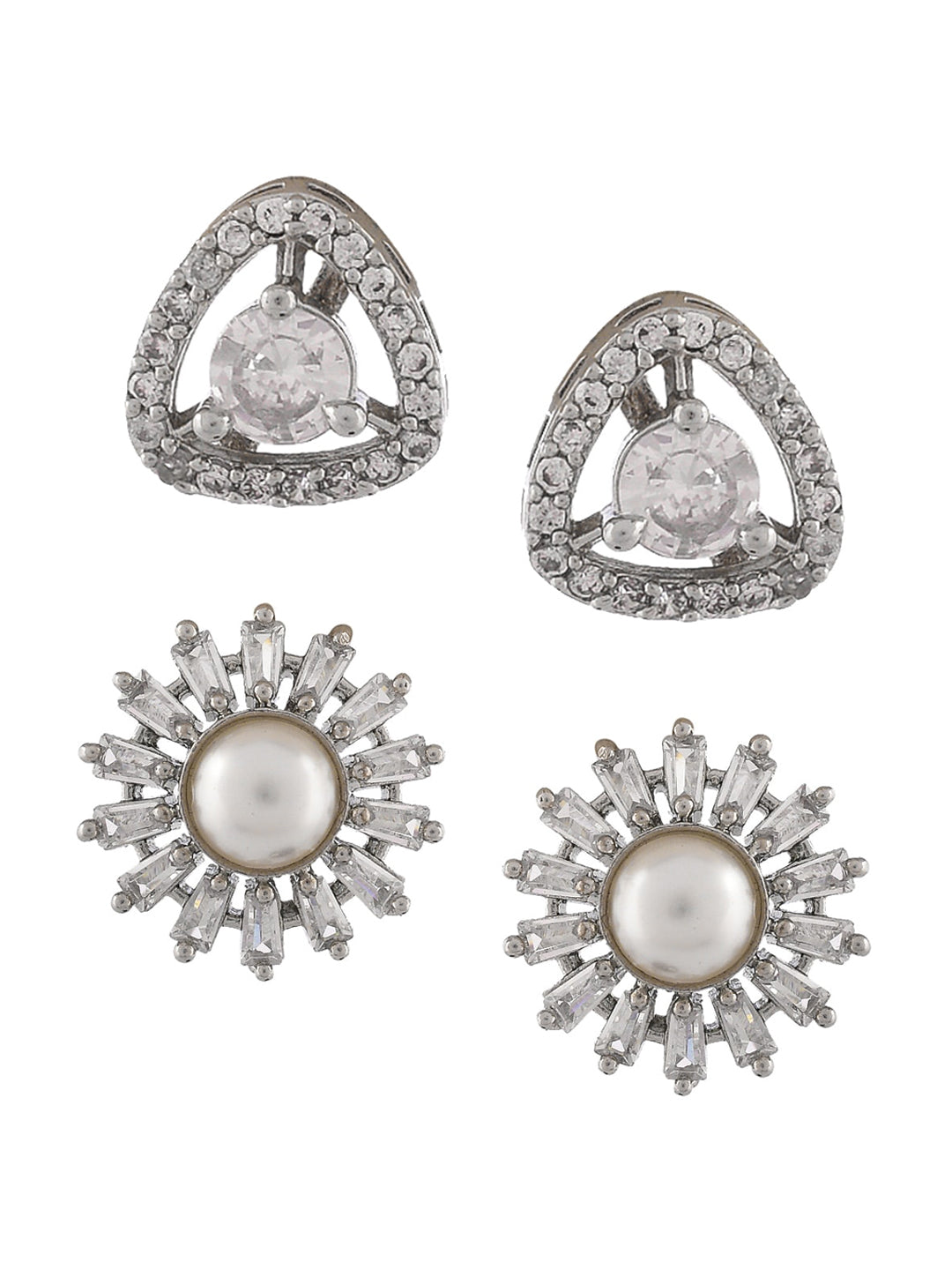 Shoshaa Set of 2 Silver-Toned Ad Stones Contemporary Studs Earrings