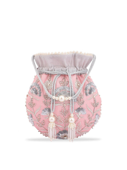 Masq Peach-Coloured & Grey Embroidered Potli Clutch