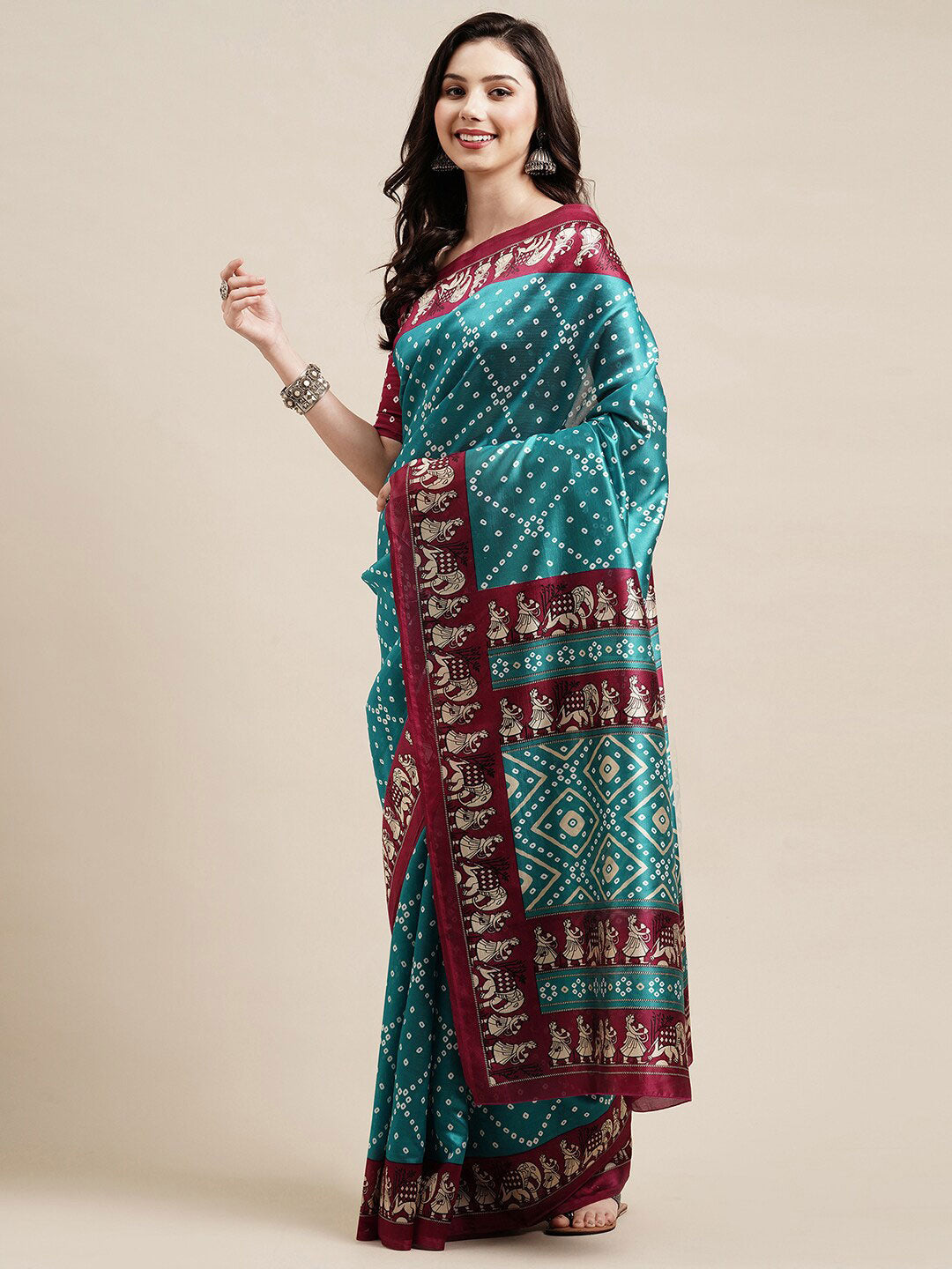 Saree Mall Blue & Maroon Bandhani Silk Blend Bandhani Sarees