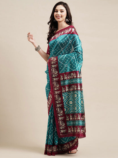 Saree Mall Blue & Maroon Bandhani Silk Blend Bandhani Sarees
