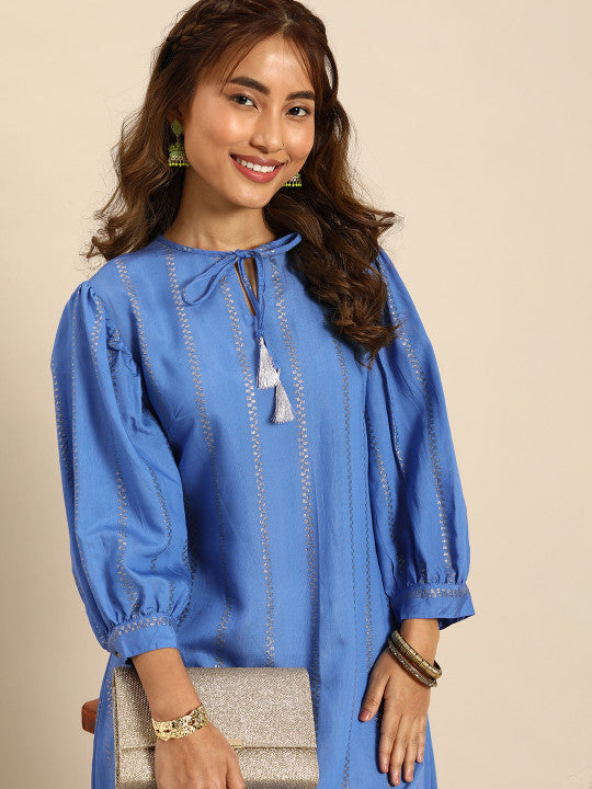 Women Jacquard Chanderi Silk Tie-Up Neck Puff Sleeves Kurta With Sequin Detail