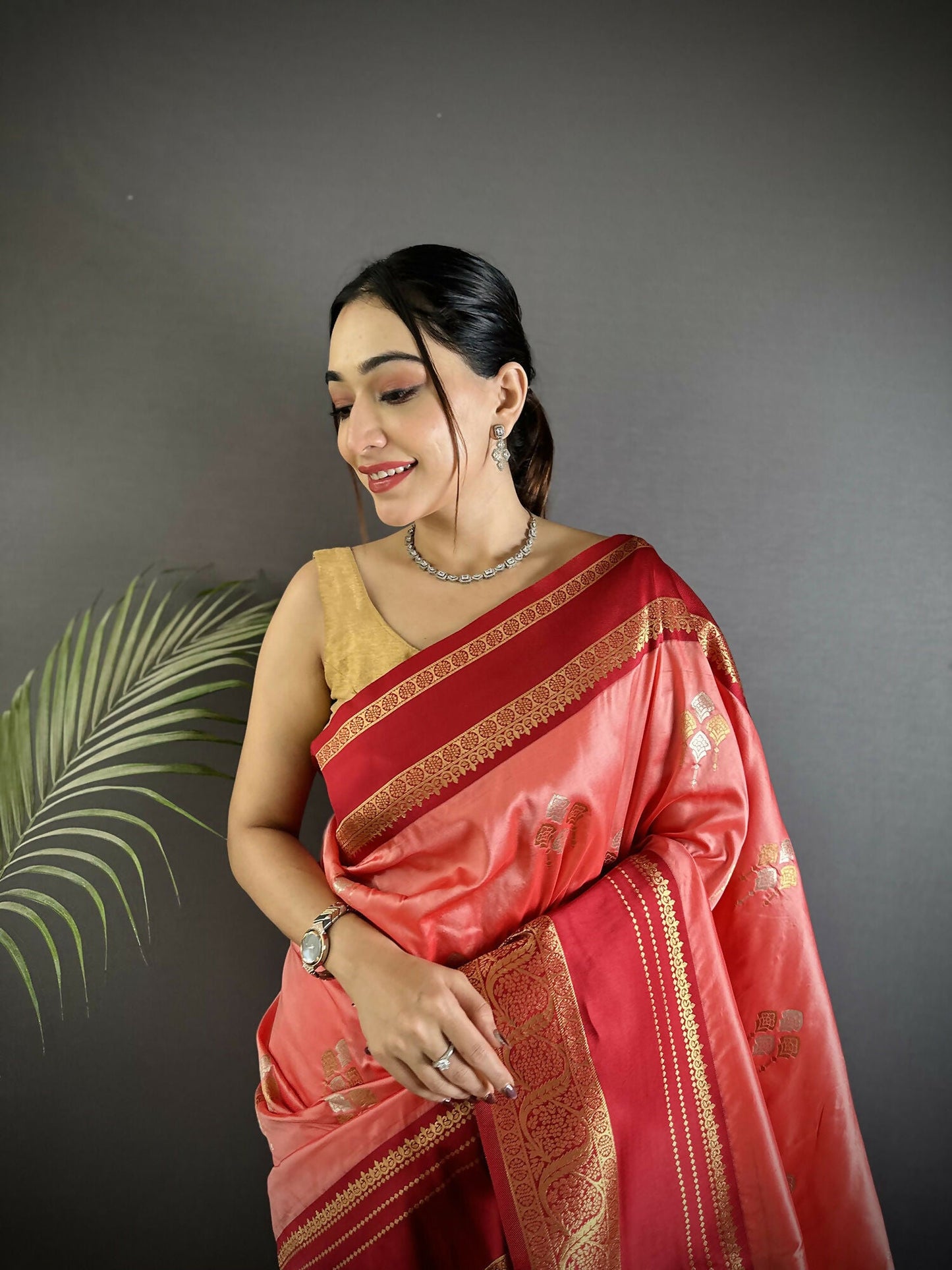 Joban Fashion Salmon Pink Banarasi Soft Silk Woven Saree