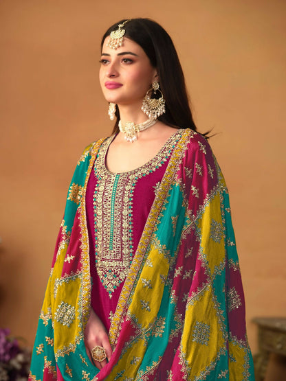 Anaita Wine Embroidered Soft Organza Salwar Suit