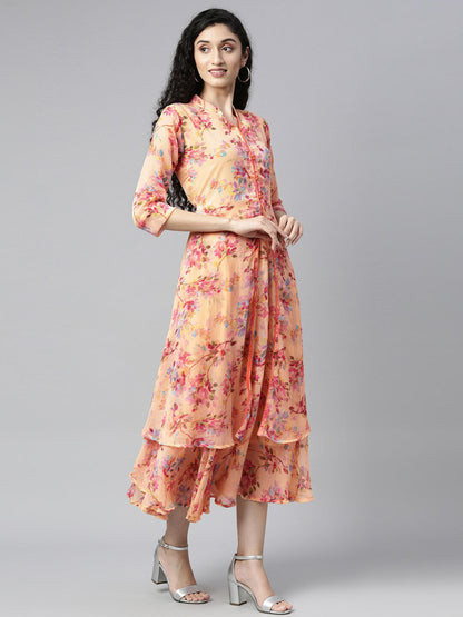 Souchii Peach-Coloured Floral Layered Chiffon Beautiful A-Line Midi Dress