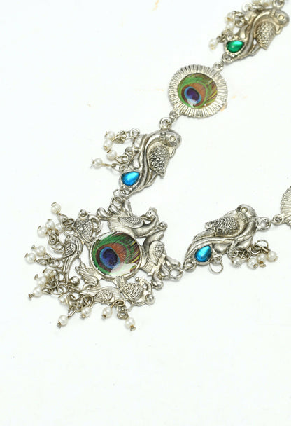 Mominos Fashion Johar Kamal Oxidised Silver-Plated Brass Finish Long Necklace For Women (Silver)