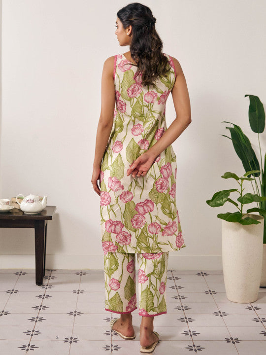 Anayna Floral Printed Round Neck Thread Work Straight Kurta with Trousers
