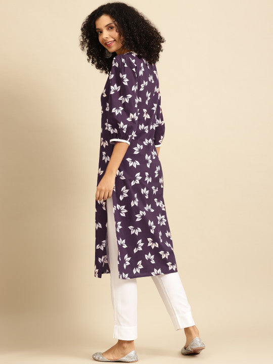 Anayna Women Aubergine & White Floral Screen Print Peter-Pan Collar Cotton Fusion Kurta
