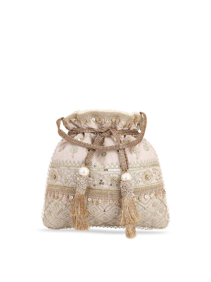 Masq Women Beige & Gold-Toned Embellished Potli