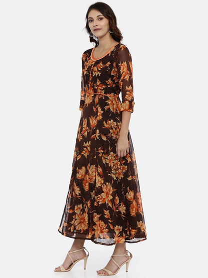 Souchii Brown & Orange Floral Printed Chiffon Maxi Dress