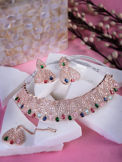 Saraf RS Jewellery Rose Gold-Polished White & Green AD-Studded Jewellery Set