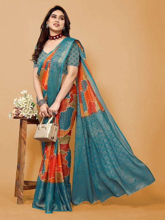 Fabmora Abstract Printed Zari Poly Chiffon Saree