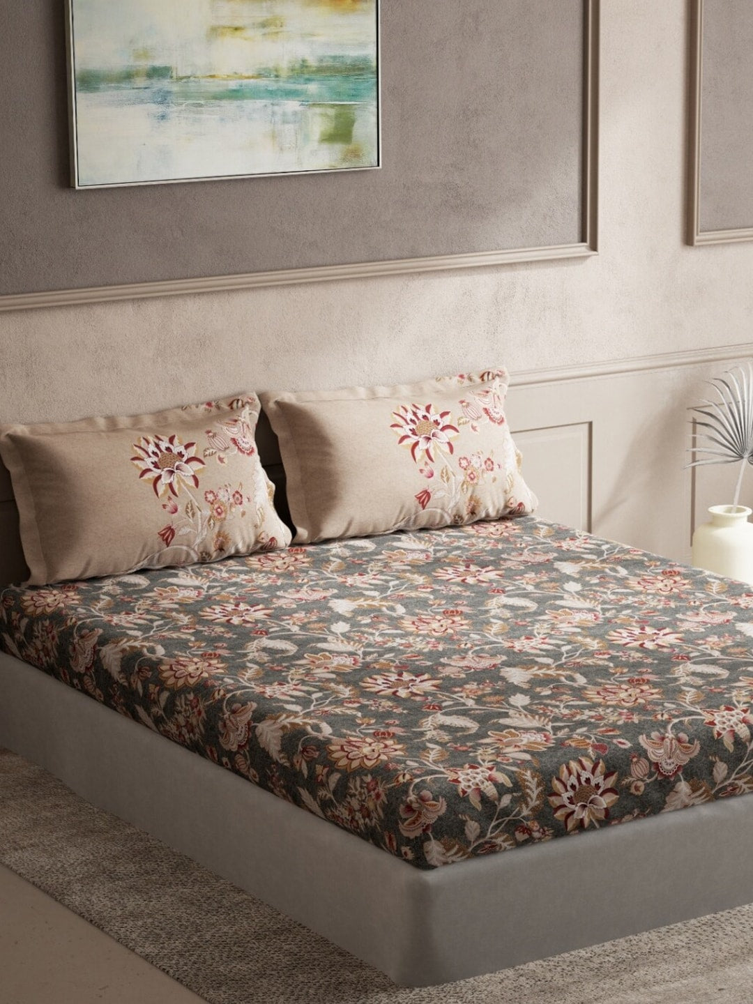 DDecor Grey & Maroon Ethnic Motifs 140 TC Cotton Queen Bedsheet with 2 Pillow Covers
