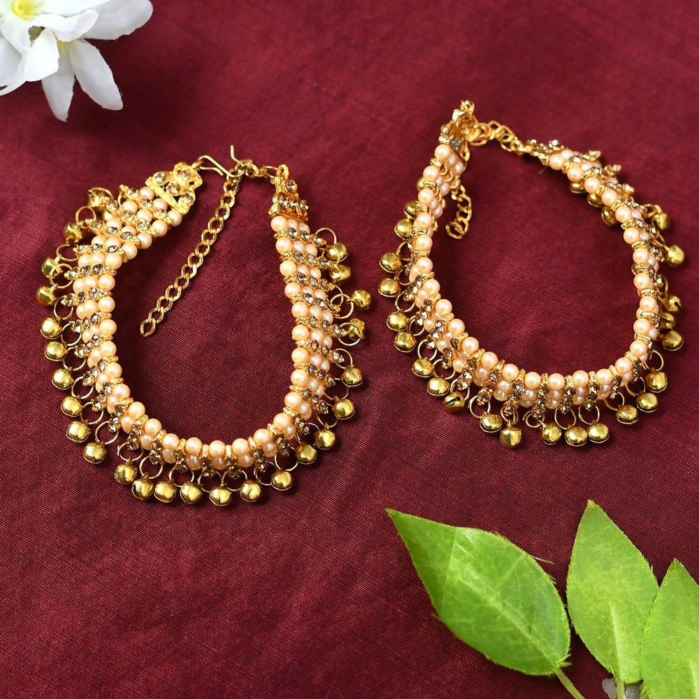 Mominos Fashion Kamal Johar Gold-Polished Pearls Anklets With Muvvas