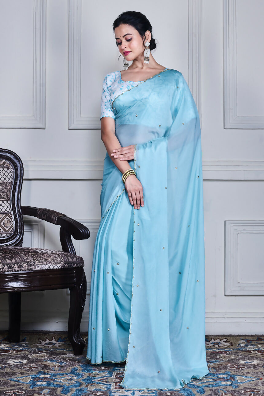 Morchari Blue Chiffon Hand Embroidery Saree And Stitched Blouse